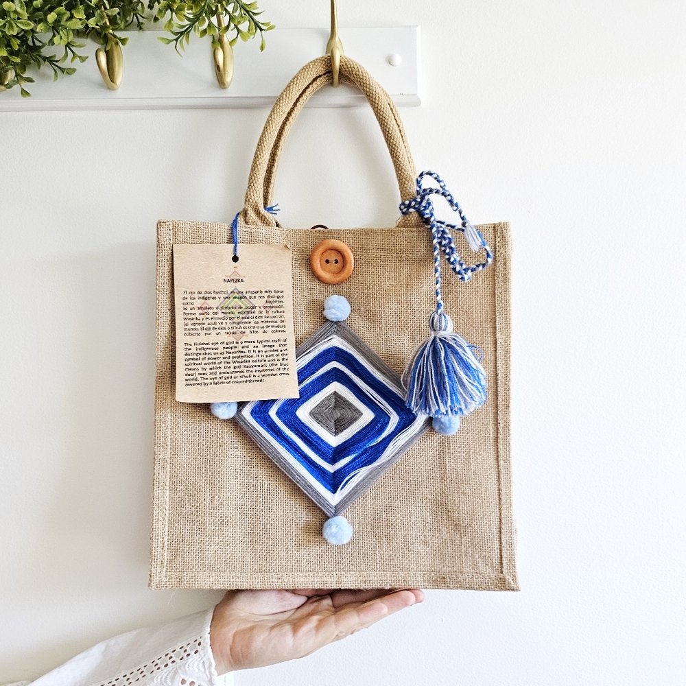 NEW Huichol Style Ojo de Dios Jute Tote Bag Eco-Friendly Boho Pom Tassel Purse